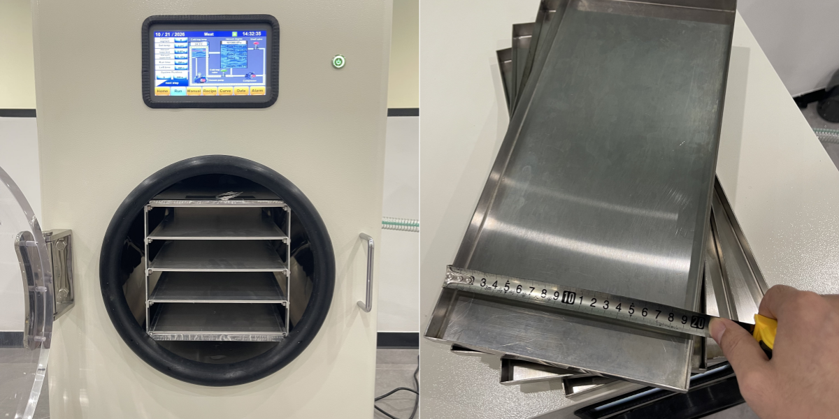 Stainless steel trays and shelf clearance measurements in commercial freeze dryer